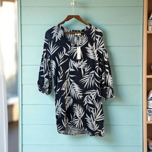 NWT Michael Stars Katrina Mini Dress 100% Cotton Leaf Print Navy Combo Sz XS - Picture 1 of 10